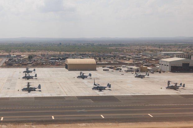U.S. military aircraft at Camp Lemonnier in Djibouti on Jan. 21, 2024. 